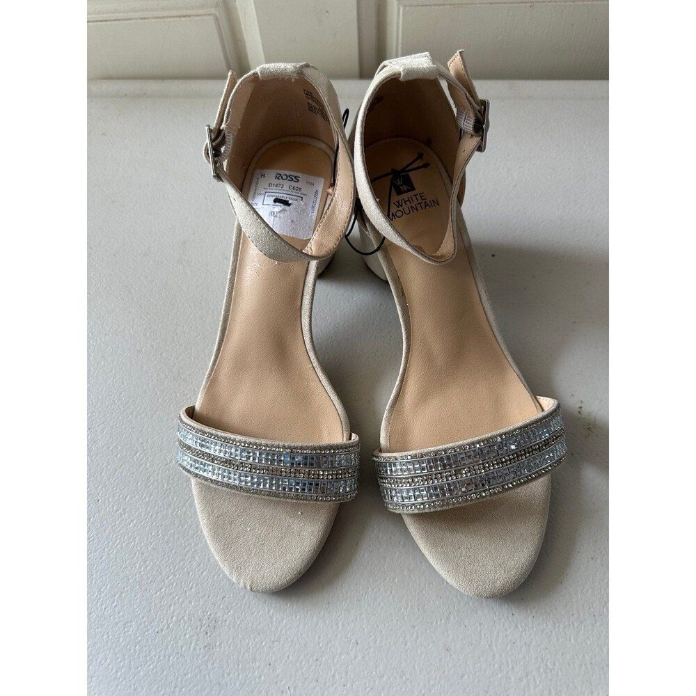 White Mountain Vegan Suede Rhinestone Embellished Strap Block Heel Sandals 7.5
